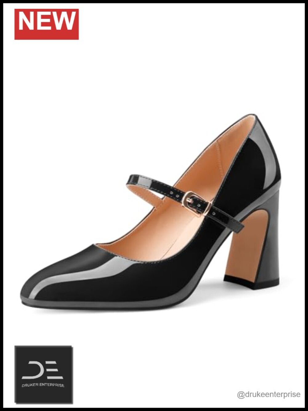 Patent Leather Chunky High Heel Mary Jane Pumps 3.5 inch